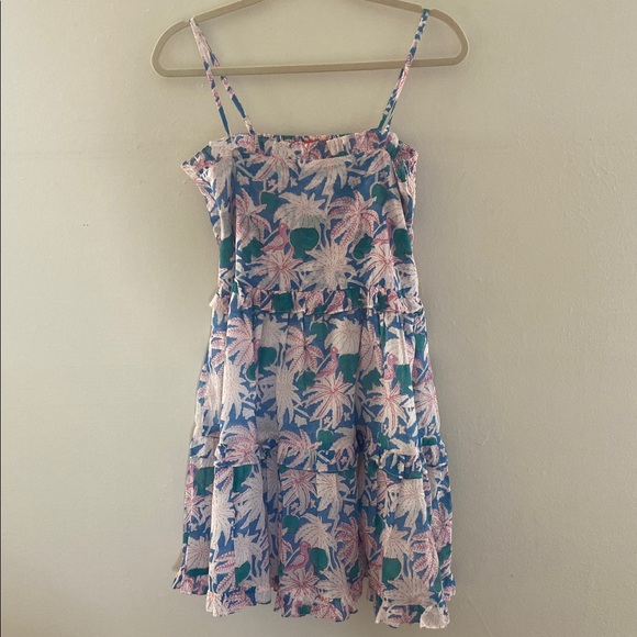 Oliphant Mini Dress Palm Tree Smocked back Cayman Blue Pink size M tired ruffles - Picture 4 of 11